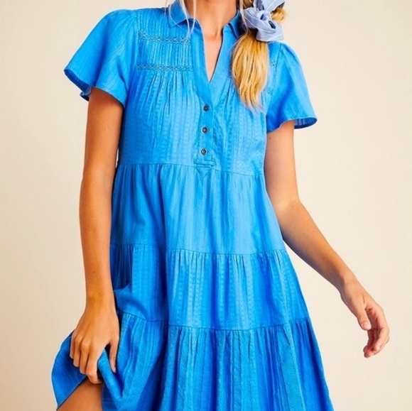 Anthropologie Dresses & Skirts - Anthropologie Tiered Mini Dress Size Medium Blue Lined Cotton
